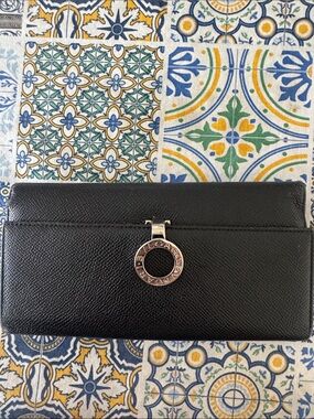 Bulgari Black Leather Continental Wallet with Silver Ring Logo